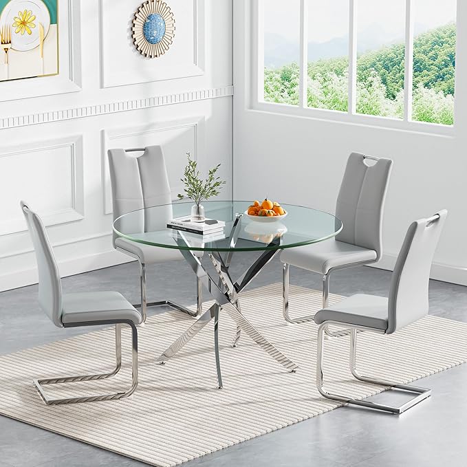 Goujxcy 5 Pieces Round Dining Table Set for 4, Modern Silver Glass Kitchen Table and Chairs for 4 with Upholstered Chairs, Circle Coffee Dining Table Set for Small Space,Apartment,Office