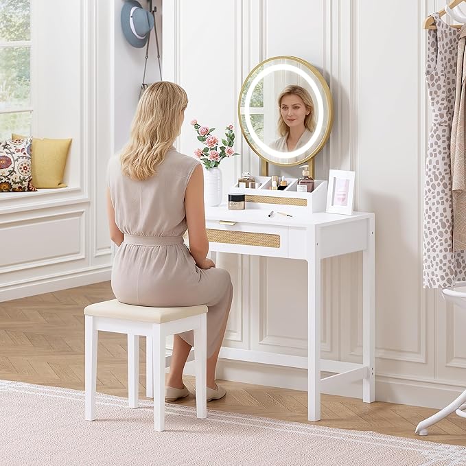 Spirich Makeup Vanity Desk with Mirror and Lights, Rattan White Vanity with Drawers, 3 Lighting Modes Small Vanity Dressing Table for Bedroom