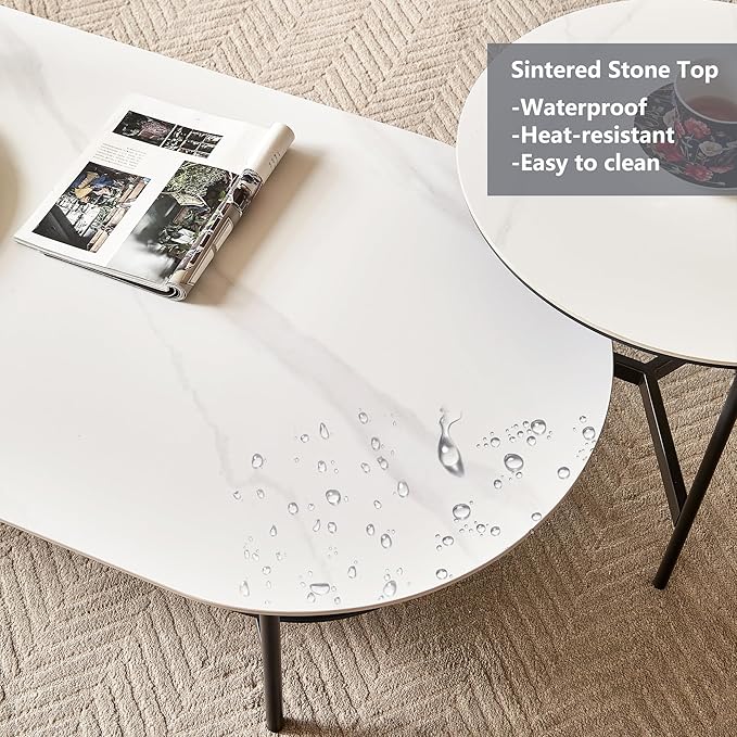 Oval Marble Coffee Table 47.2Inch Modern Living Room Center Table with Sintered Stone Top Dark Grey MDF Bottom Shelf 2-Layer, Sturdy Steel Frame