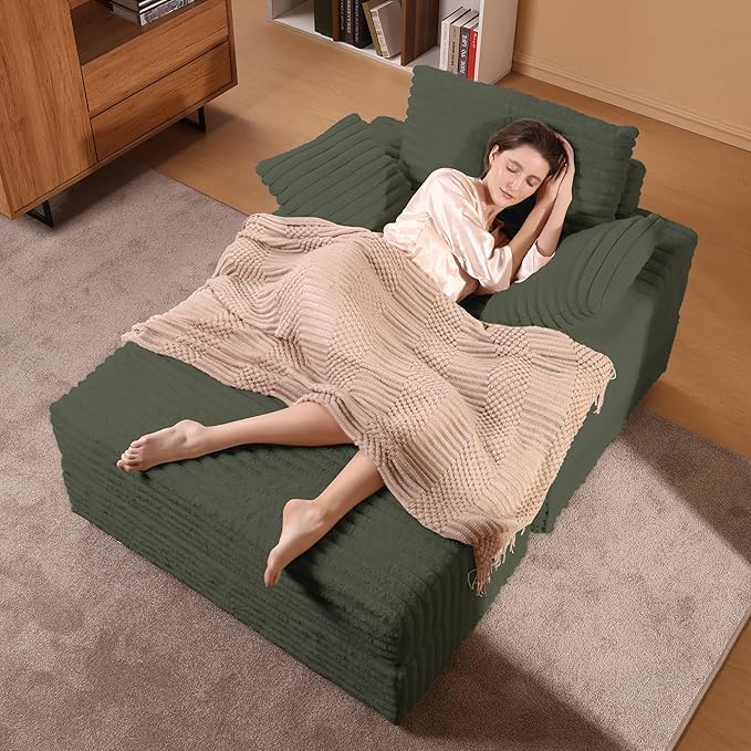 Garvee Oversized Chaise Lounge Chair Indoor with Storage Ottoman, Upholstered Corduroy Sofa Bed Cloud Couch with 3 Pillows, Single Sleeper Sofa Chair for Living Room, Bedroom
