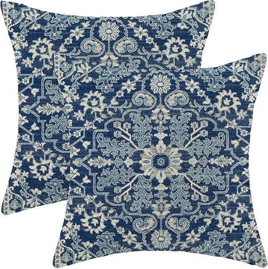 Blue White Boho Pillow Covers 18x18 Set of 2, Carpet Design Decorative Boho Throw Pillows Linen Farmhouse Bohemian Cushion Pillow Covers for Sofa Couch Outdoor Decor