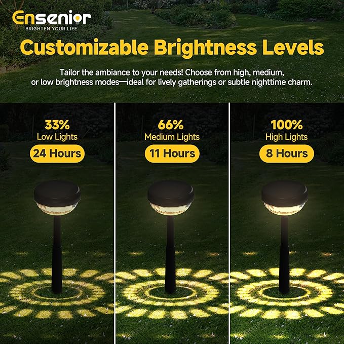 Ensenior 8-Pack Solar Lights Outdoor, Auto ON/Off 3000K LED Solar Garden Lights for Pathway, Yard, Patio, Walkway, Flower Bed, Waterproof, Energy-Efficient Landscape Lighting, Adjustable Height
