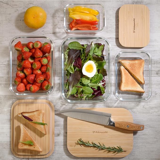 Set of 4 Stackable Space-Saving Nesting Glass Containers with Airtight Bamboo Lids - Lunch, Meal & Food Prep - Microwave & Oven Safe BPA Free Durable Heat Resistant Inert Borosilicate Glass