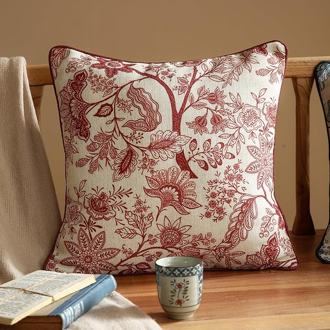 Design Linen Square Throw Pillow Covers 18"x18" Pack of 2, French Country Cushion Covers with Red Toile de Jouy Floral Pattern Decoration Pillowcases for Bed, Living Room, Outdoor, Car