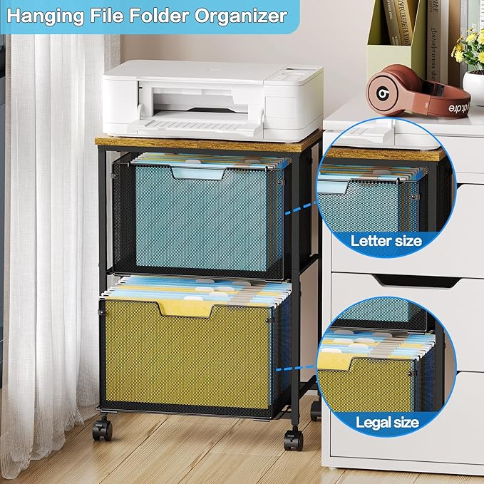 Letter/Legal Mobile File Cabinet, Rolling File Cart with 2 Drawers Filing Cabinet for Home Office, Hanging File Folders Organizer for Under Desk Storage, Mobile Printer Stand, Black and Brown