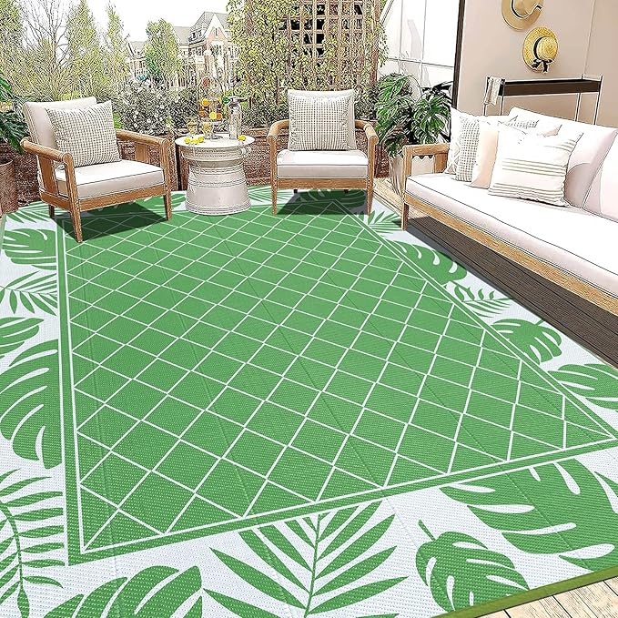 Ileading Outdoor Rug Carpet for Patio 9'x12' Waterproof Reversible Plastic Straw Rug Portable Outside Area Rug Camping Mat for Patio, Clearance, Balcony, Picnic, Pool, Beach, RV, Deck, Green