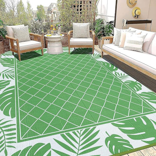 Ileading Outdoor Rug Carpet for Patio 9'x12' Waterproof Reversible Plastic Straw Rug Portable Outside Area Rug Camping Mat for Patio, Clearance, Balcony, Picnic, Pool, Beach, RV, Deck, Green