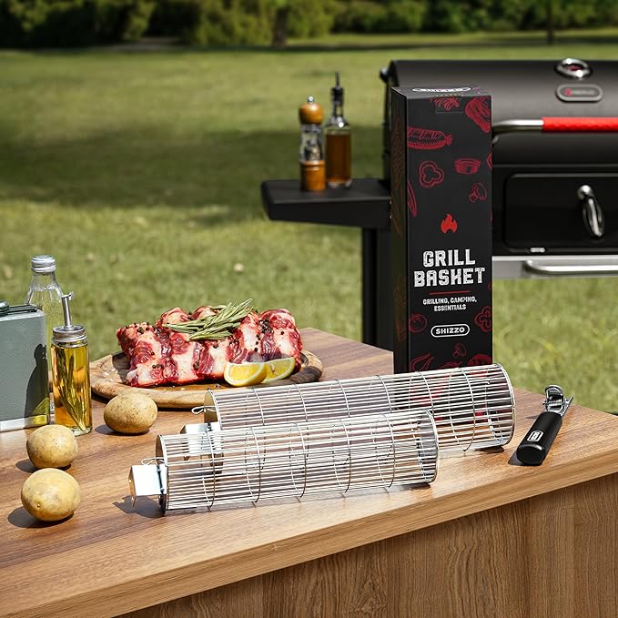 Rolling Grill Basket, New Opening Design, Extra Sturdy Cylinder Grilling Basket, Food Grade Stainless Steel, Large Portable Outdoor Camping accessories BBQ Net Rack, Cooking Griller for Fish, Vegetables, and More - Gifts for Men Dad Husband - Set of 2