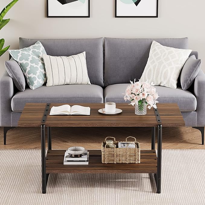 2-Tier Farmhouse 41'' Large Gray Wood Coffee Table with Storage Shelf -Modern Rustic Metal Rectangle Center Living Room Coffee Table Accent Furniture for Home Office,Easy Assembly(Walnut Brown)