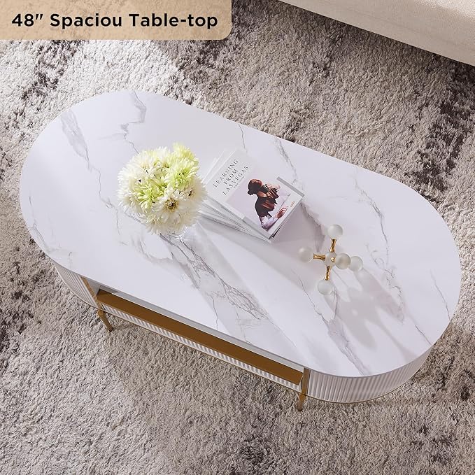 OKD Modern Luxury Fluted Coffee Table, 48" Oval Coffee Table with Drawer, Faux Marble Top, Curved Profile Design, Gold Metal Decor, Center Table for Living Room, Off White