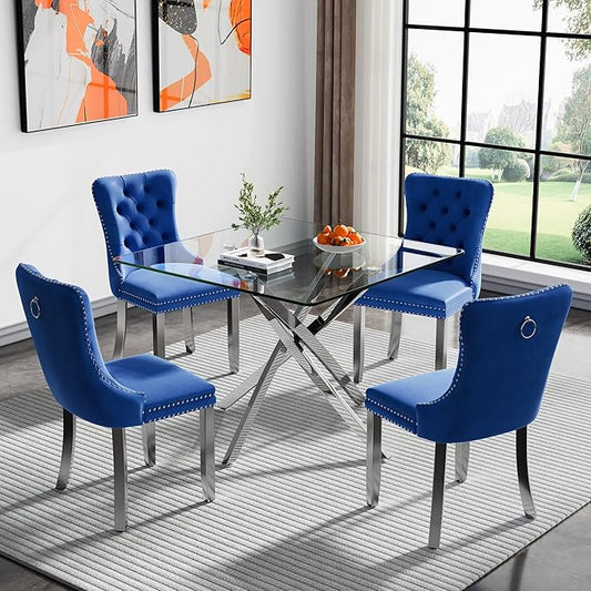 Goujxcy 5 Piece Glass Dining Table Set Modern Small Glass Dining Table Set for 4, 35.43" Square Kitchen Table and 4 Velvet Upholstered Chairs for Kitchen Dining Room, Silver & Blue
