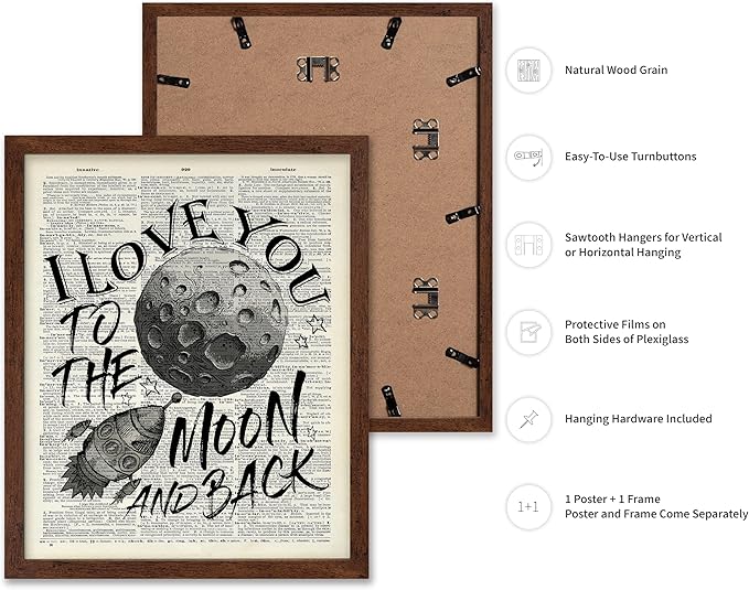Poster Master Dictionary Art Poster - I Love You To The Moon and Back Print - Motivational Art - Gift for Him, Her & Lovers - Romantic Decor for Dorm, Bedroom or Living Room, 11x14 Brown Framed