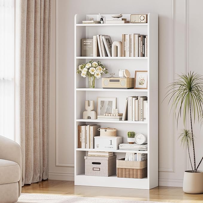 Yaheetech 6-Tier Open Bookcase and Bookshelf, Modern Simple Floor Standing Display Storage Shelves with Top Open Compartment for Home Office, Living Room, Bed Room - White