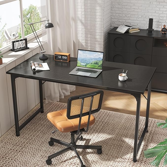 Huuger Computer Desk, 55 Inch Home Office Desk, Gaming Writing Work from Home Study Desk, Large Legroom, Sturdy Metal Frame, Modern Simple, Black