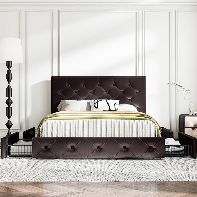 MUTICOR Full Size Bed Frame with 4 Storage Drawers, Upholstered Platform Bed with Button Tufted Adjustable Headboard, No Box Spring Needed, Easy Assembly, Diamond Tufted, Brown Leather