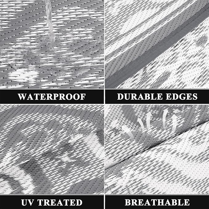 Pauwer Waterproof Outdoor Rug 8x10, Reversible Plastic Straw Patio Camping Rug, Indoor Outdoor RV Mat Carpet for Deck, Camper, Porch, Balcony, Backyard, Picnic, Clover Grey