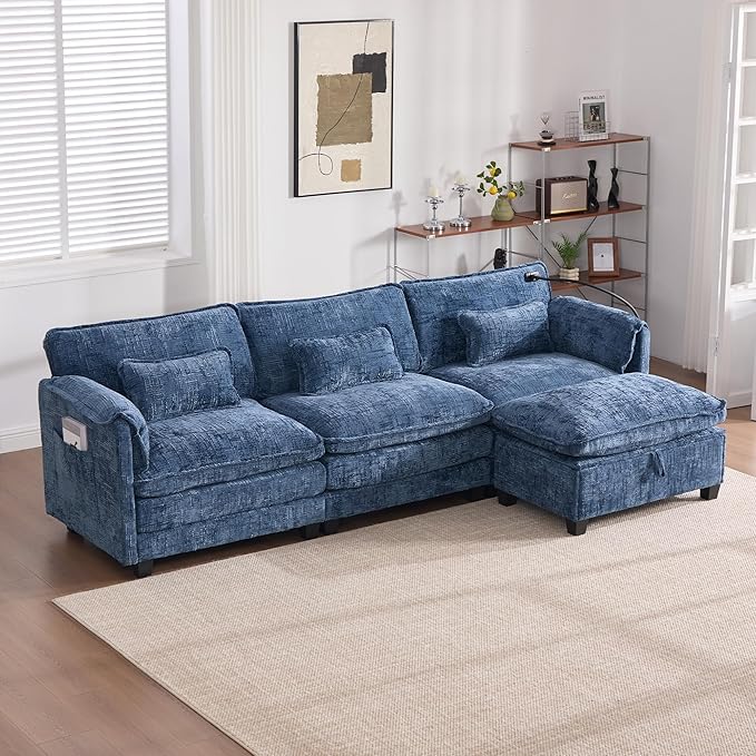 KEIKI 110" L-Shaped Boucle Modular Sectional Chenille Sofa with 1 Ottoman & Memory Foam Cushion & Phone Holder & USB, Upholstered Modern Oversized 4-Seater Couch, Easy Assembly, for Living Room, Navy