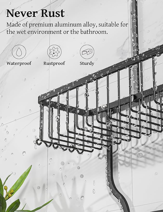 YASONIC Shower Caddy Hanging - Never Rust Shower Organizer - Aluminum over The shower head caddy with 10 Hooks for Razor/Sponge - Shower Rack with Soap Basket - Black
