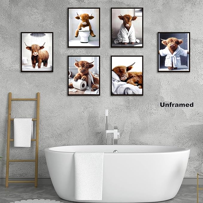 SEHSUVC Funny Bathroom Cow Posters Wall Art Set of 9, Highland Cow Canvas Prints Pictures, Art Animal Restroom Wall Decor for Bathroom Bedroom Babyroom Decoration 8x10In Unframed
