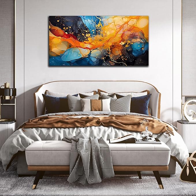 Large Abstract Canvas Wall Art Blue Orange Black Canvas Prints Modern Living Room Bedroom Home Office Wall Decor Framed Artwork Size 30x60