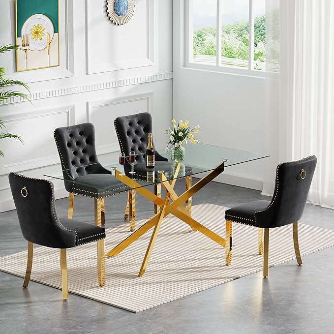 Goujxcy 7 Piece Glass Dining Table Set Modern Glass Dining Table Set for 6, 61" Rectangular Gold Kitchen Table and 6 Velvet Upholstered Chairs, Gold Table & Black Chair