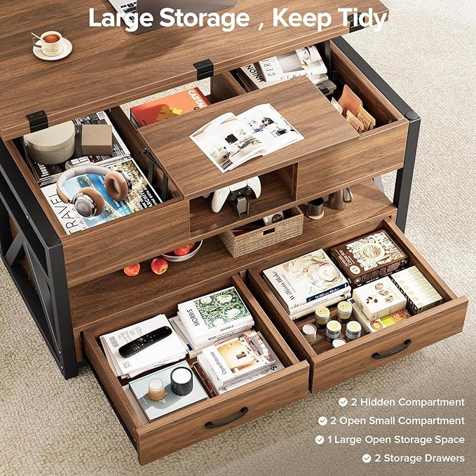 40" Lift Top Coffee Table,4 in 1 Multi-Function Lift Coffee Tables with Storage Drawers and Hidden Compartmen,Farmhouse Coffee Table with Lifting top for Living Room, Walnut