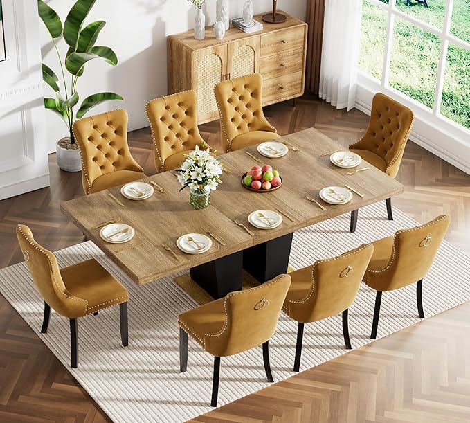 Goujxcy 9-Piece Extendable Dining Table Set for 6-8 People 63-78 Inch Kitchen Table Set with 8 Velvet Upholstered Chairs Farmhouse Rectangular Dining Room Table Set for Kitchen Dining Room Apartment