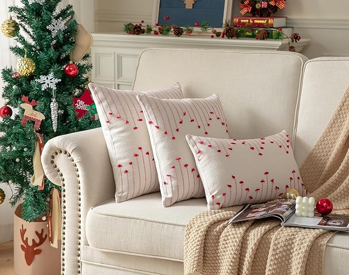 Caflife Boho Christmas Throw Pillow Covers 12x20 Set of 2, Holiday Christmas Decorative Pillow Covers Beige with Red Line for Modern Farmhouse Couch Sofa Bedroom Living Room Outdoor