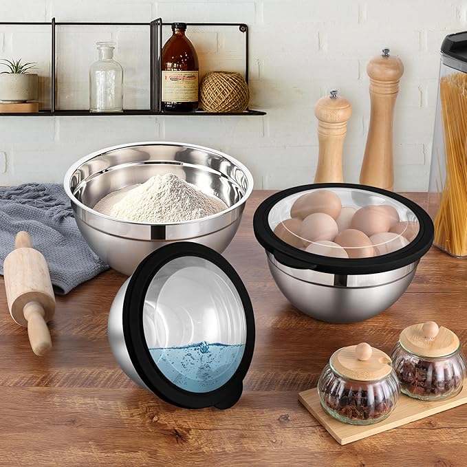 LIANYU Mixing Bowls Sets of 3, Stainless Steel Metal Nesting Mixing Bowl Sets for Kitchen, Large and Small Size 4.6 & 3 & 1.5QT, Include Transparent & Airtight Lids, Dishwasher & Freezer Safe, Black