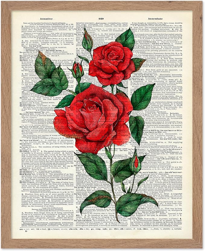 Poster Master Dictionary Art Poster - Red Roses Print - Flower Art - Floral Art - Gift for Men, Women & Florist - Minimal Decor for Living Room, Bedroom, Dorm or Flower Shop, 8x10 Beige Framed