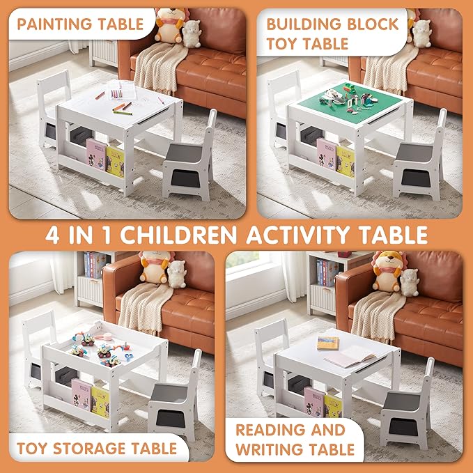 Kids Table and Chair Set, 4 in 1 Wooden Activity Table with Bookshelves and Storage Drawer, 2 in 1 Detachable Tabletop Construction Play Table Set for Drawing, Reading, Build Blocks