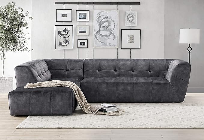 Acanva Luxury Mid-Century Velvet Tufted Low Back Sofa Set L-Shape 2-Piece Living Room Couch, 113"W Left Hand Facing Sectional, Grey