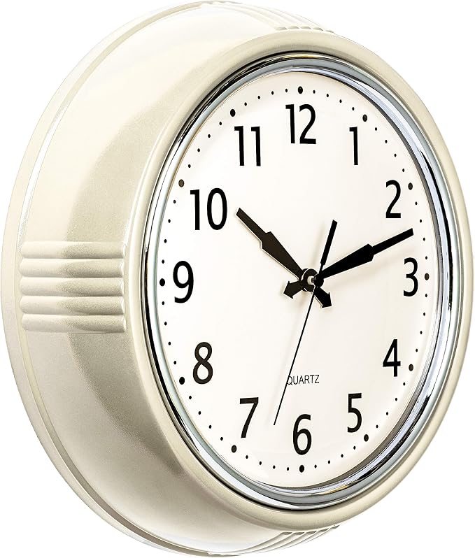 Bernhard Products Retro Wall Clock 12 Inch Cream Kitchen 50's Vintage Design Round Silent Non Ticking Quality Quartz Clock for Home/Office/Classroom
