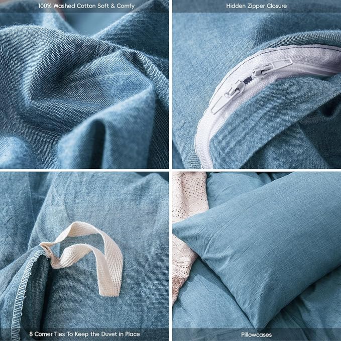 MooMee Bedding Duvet Cover Set 100% Washed Cotton Linen Like Textured Breathable Durable Soft Comfy (Heathered Peacock Blue, King 104"x90")