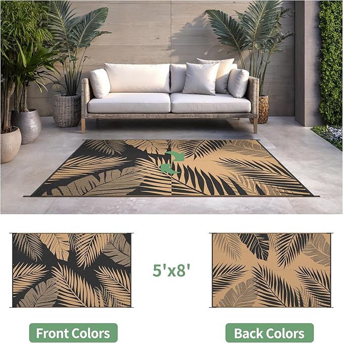Outdoor Rug 5’x8’ Waterproof for Patio Clearance, Reversible Indoor Outdoor Plastic Straw Camping Rug Carpet, RV Mat, Large Area Rug for Deck, Backyard, Balcony, Porch, Beach, Black & Brown
