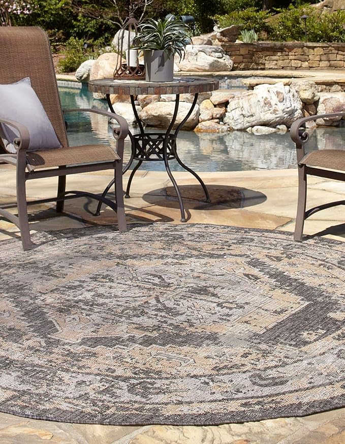 Unique Loom Outdoor Traditional Collection Area Rug - Valeria (3' 1" Round, Charcoal/ Natural)