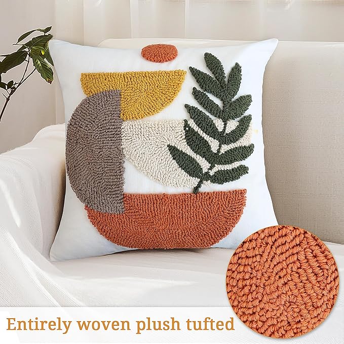Boho Accent Pillow Covers 18x18- Tufted Abstract Modern Square Throw Pillow Covers, Farmhouse Decorative Pillowcase for Couch, Sofa, Bed, Living Room -Orange Beige Geometric Dark Green Leaf