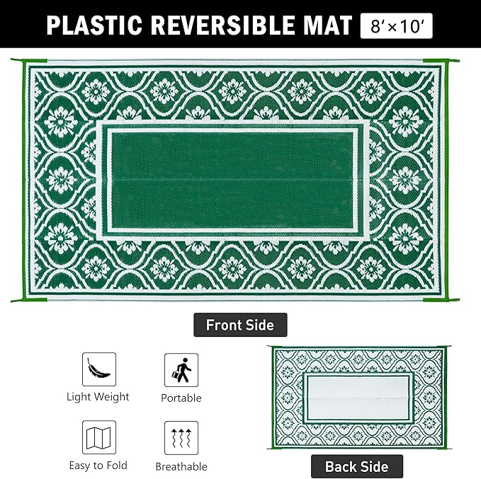 Outdoor Rug 8x10 Patio Waterproof Mat Camping Carpet Outside Area Rug Reversible Green Rugs for RV Deck Entryance Porch Picnic Balcony Beach