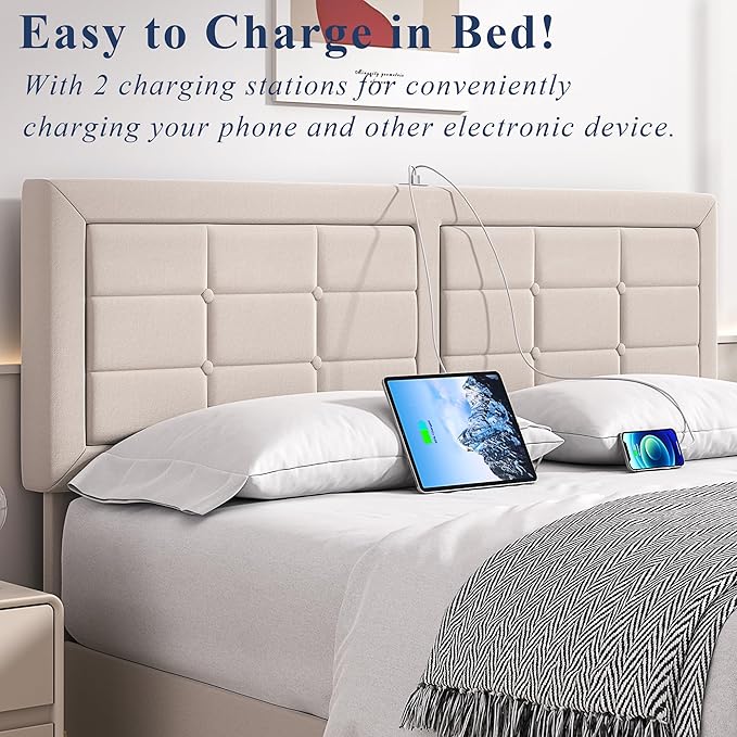 VECELO Full Size Bed Frame with 4 Drawers, Adjustable Tufted Button Headboard, Upholstered Platform with Wood Slats Support, Built-in USB and Type C Ports, Beige