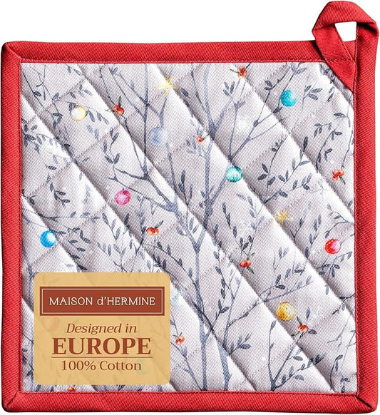 Maison d' Hermine Pot Holders 100% Cotton Heat Resistant Potholders 8" x 8" Hot Pads with Loop for Thanksgiving Christmas Decorations BBQ Cooking Baking Handling Hot Pans (Pack of 1, Fairy Christmas)