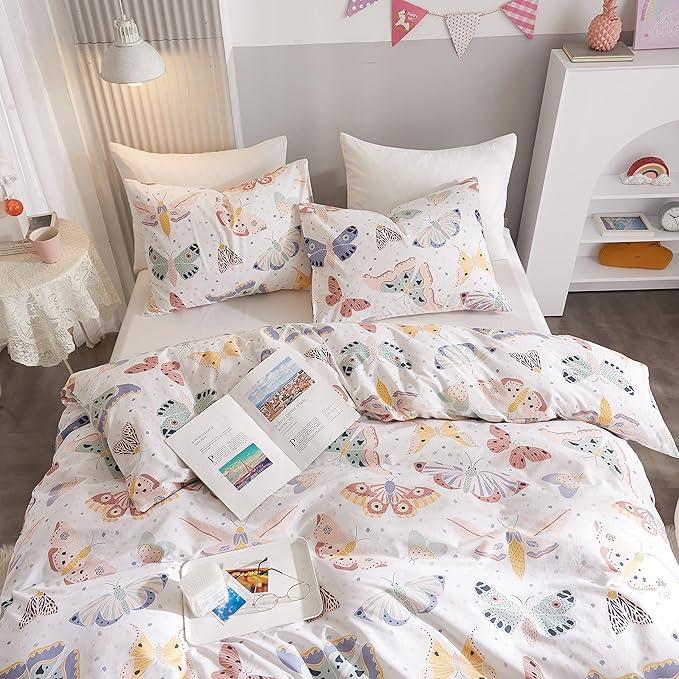 Ivellow Queen Duvet Cover Set 100% Cotton Butterfly White Duvet Cover for Kids Cute Bedding Set 3Pcs Ultra Soft Breathable Kids Duvet Cover Patterned Cartoon Comforter Cover Boys Girls Toddler Teen