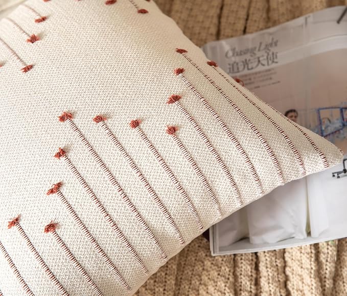 Caflife Boho Throw Pillow Covers 20x20 Set of 2 Decorative Pillows for Bed, Neutral Pillow Covers Beige with Rust Line Throw Pillows for Modern Farmhouse Couch Sofa Living Room Outdoor