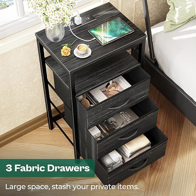 Huuger Nightstand with Charging Station, 27.6 Inch End Table Bedside Table with USB Ports and Outlets, Night Stand for Bedroom, Fabric Drawers, Charcoal Black Wood Grain Print