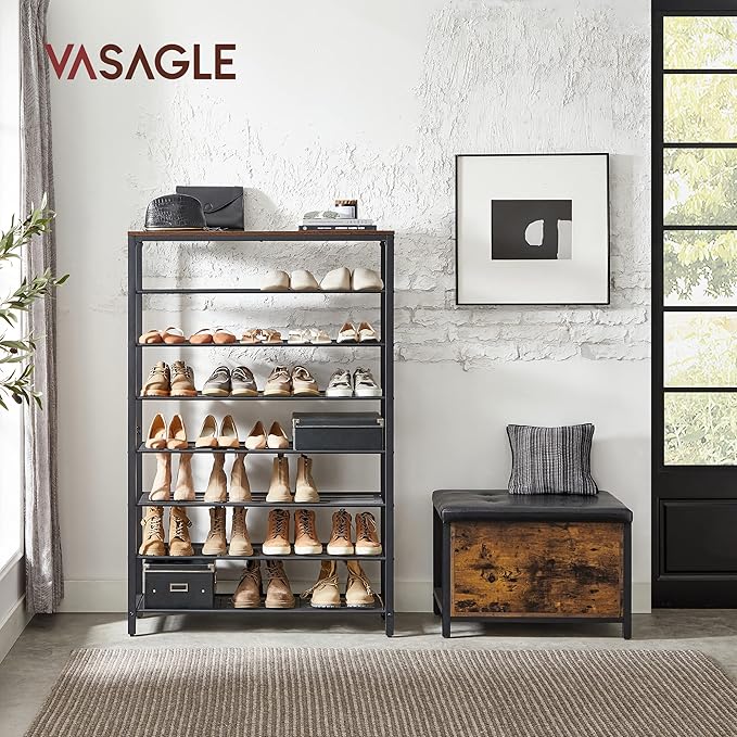 VASAGLE 8 Tier Shoe Rack, Shoe Organizer for Closet, Entryway, 32-40 Pairs of Shoes, Large Shoe Rack Organizer with 7 Metal Mesh Shelves, 11.8 x 39.4 x 59.8 Inches, Rustic Brown and Black ULBS012B01