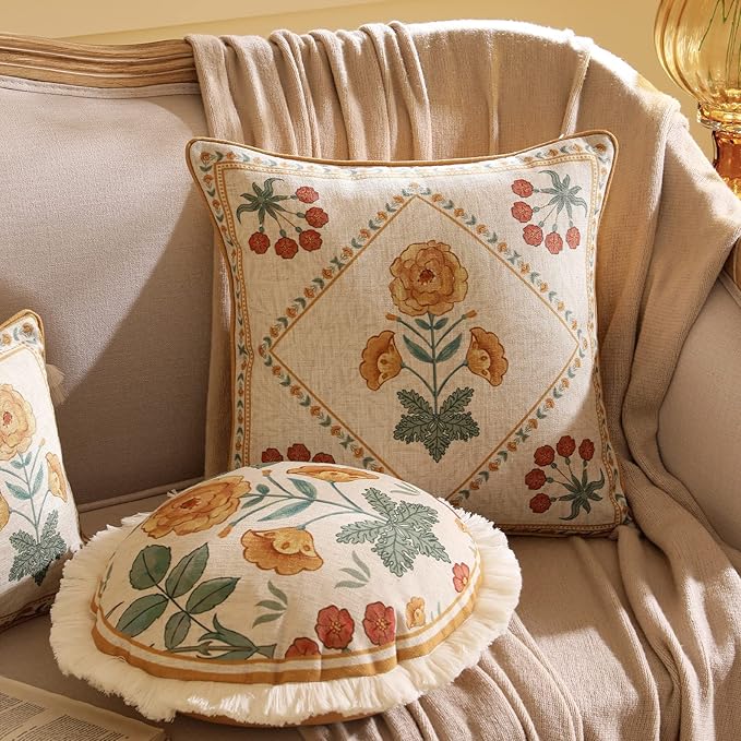 patdrea Designer Throw Pillow Covers for Couch 18"x18",Vintage French Linen Pillows Cover with Daisy Floral Pattern,Beige Soft Farmhouse Decorative Square Cushion for Bed,Living Room,Set of 2