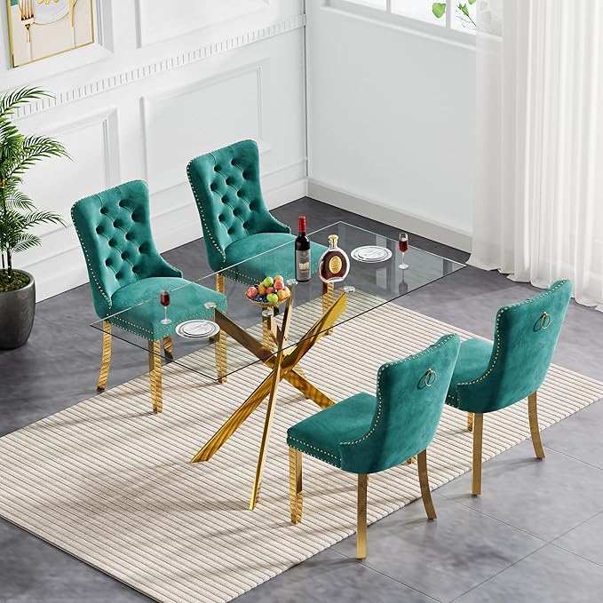 Goujxcy Glass Dining Table Set for 4, Modern Kitchen Table and Chairs Set of 4, 5-Piece Kitchen Dining Room Table Set w/61 Glass Gold Dining Table and 4 Green Velvet Upholstered Chairs