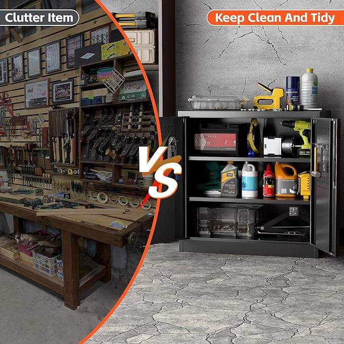 Aobabo 31.5" H Metal Storage Cabinet with 2 Shelves, Steel Lockable Cabinet with 4 Hooks for Home Office Garage, Black, Assembly Required