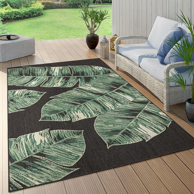 Tropical Outdoor Rug Jungle Leaves Design for Patio in Black Green, Size: 2'8" x 4'11"
