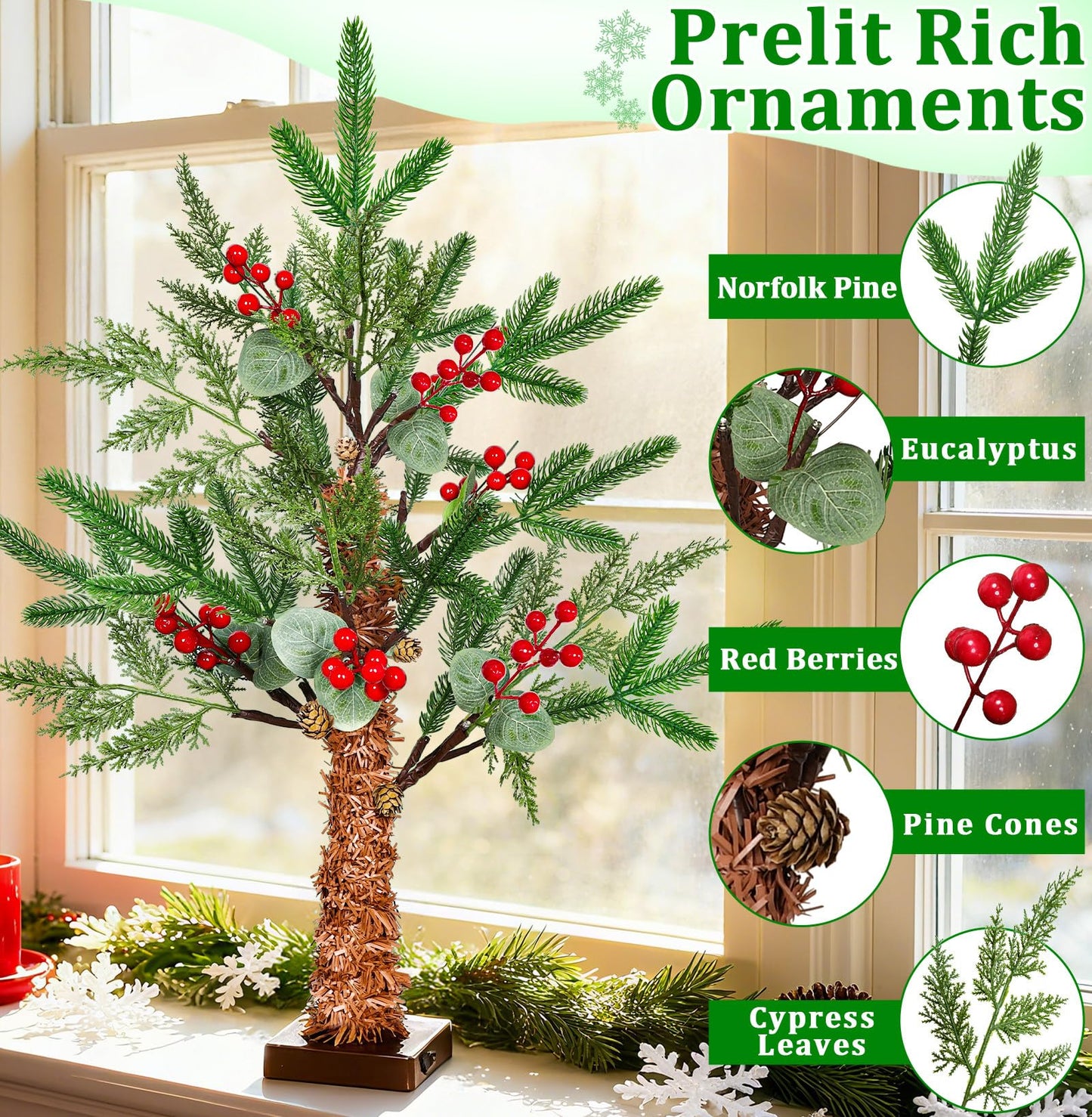 24" /2FT Tabletop Christmas Tree with Lights Timer, USB or Battery Powered, Prelit Small Christmas Trees with Realistic Norfolk Pine &Cypress Tips 24LED Berries Pinecones Xmas Indoor Home Table Desk