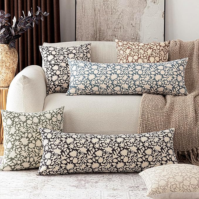 Foindtower Set of 2 Decorative Long Body Lumbar Throw Pillow Covers Accent Farmhouse Cushion Cover Neutral Floral Pillowcase For Couch Sofa Bedroom Living Room Home Decor Outdoor,14×36 Inch,Dusty Blue